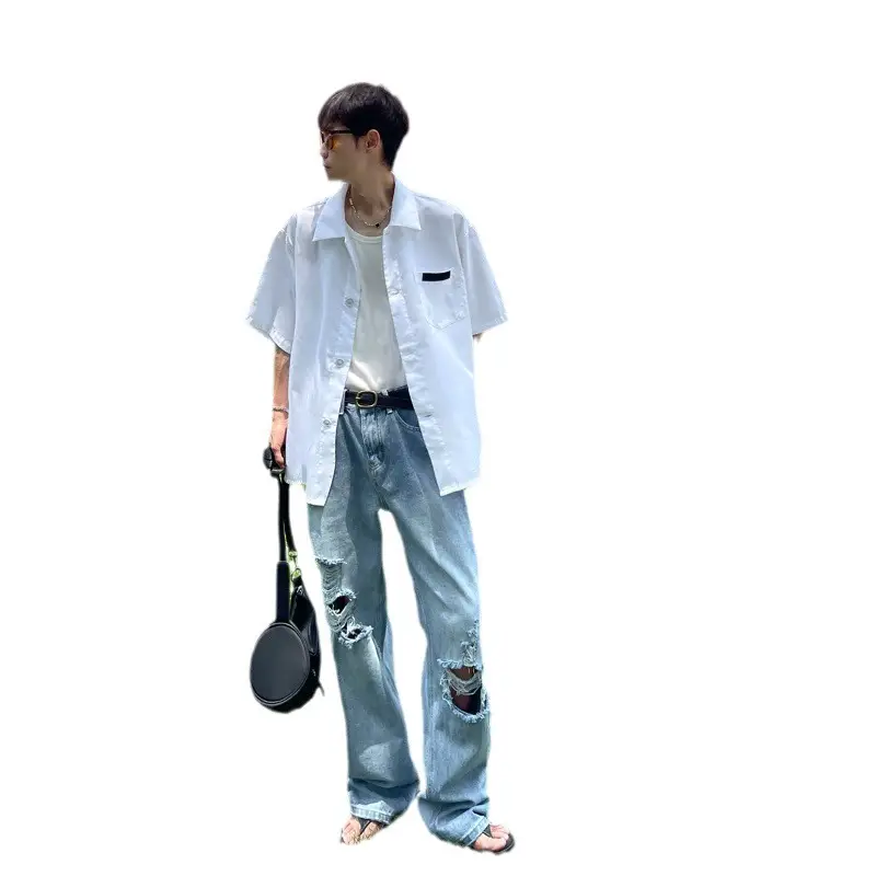 Washed Blue Dressed Ripped Jeans Men's Straight Loose Summer Fashionable All-match Thin Denim Pants for Men and Women