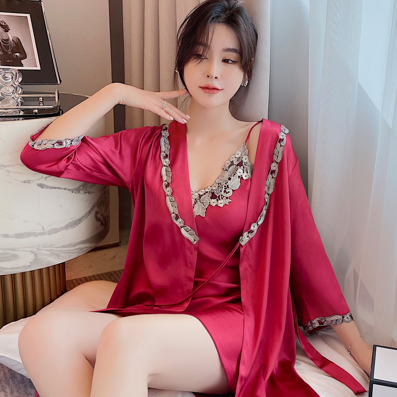New Style Nightgown Women's Summer Ice Silk Sexy Slip Skirt Two-piece Pajamas Spring and Autumn Nightgown Korean Style Cute Thin Skirt