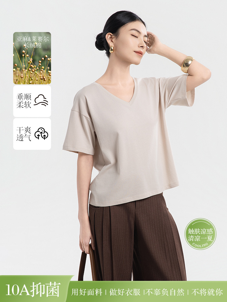 Breathable and Skin-Friendly Raindrop Linen Short-Sleeve T-Shirt for Women, Loose Casual Top, Simple Versatile Round-Neck Blouse