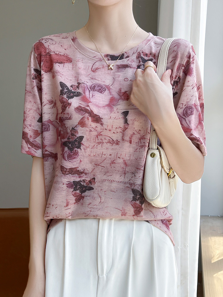 French Tie-Dye Oil Painting Short-Sleeved Shoulder Crewneck Lyocell Thin Top All-Match Loose Butterfly T-Shirt
