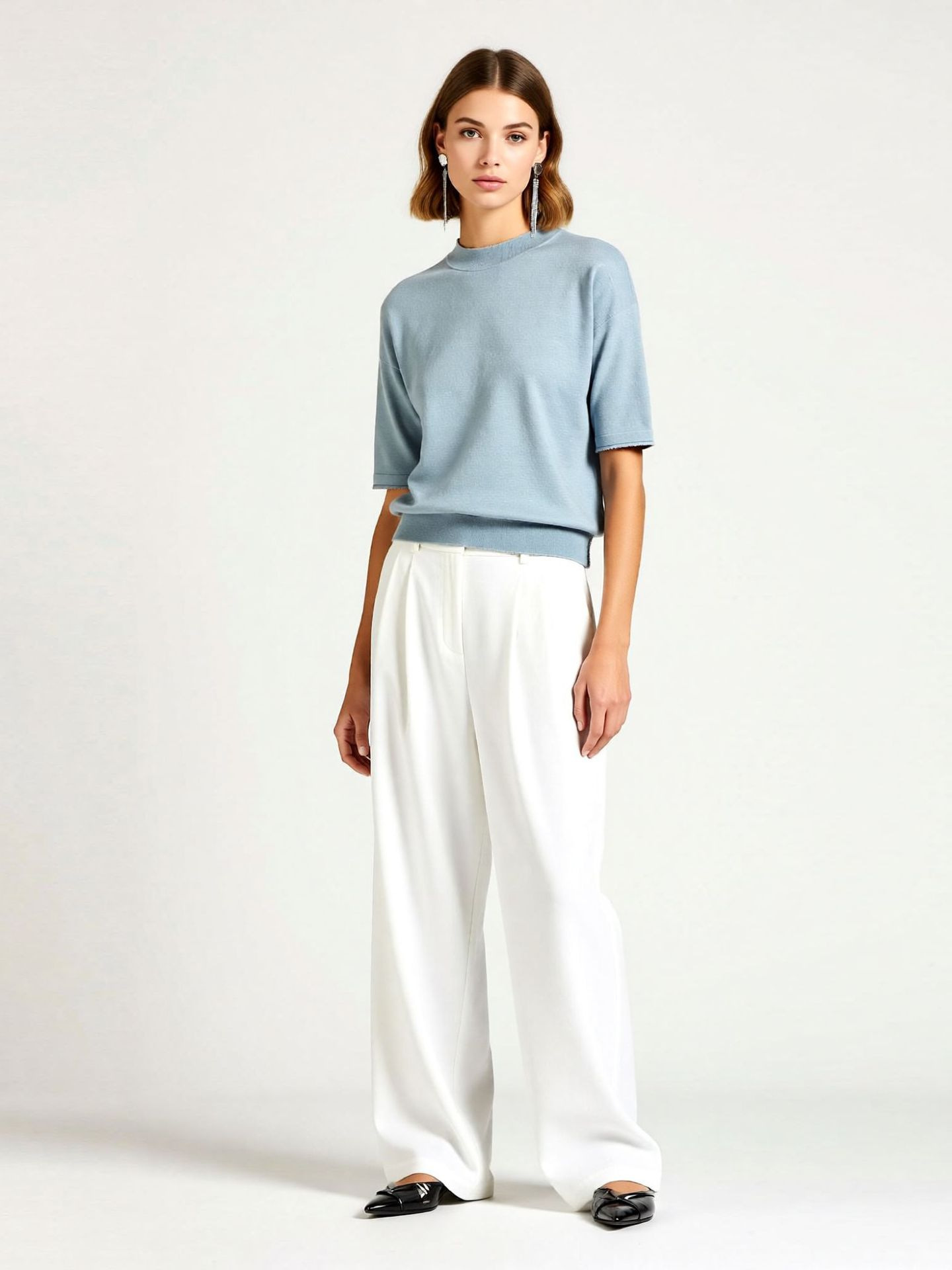 Nanyou High-End Women's Solid Color Crystal Yarn Shiny Knit Top, Elegant Round Neck Pullover, Short-Sleeve Base Shirt