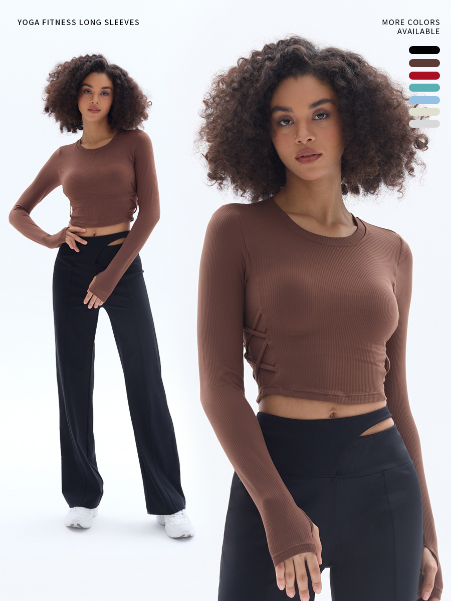 Fixed Chest Mat Yoga Clothing Long Sleeve Rib Sports Top Women's Pilates Fitness Training Running Autumn and Winter New