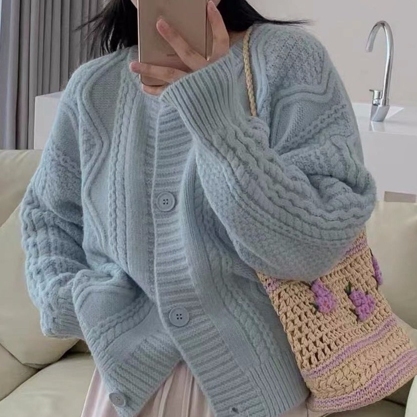 Twist knitted cardigan coat sweater women's autumn and winter inner wear blue retro gentle popular loose outer wear lazy style