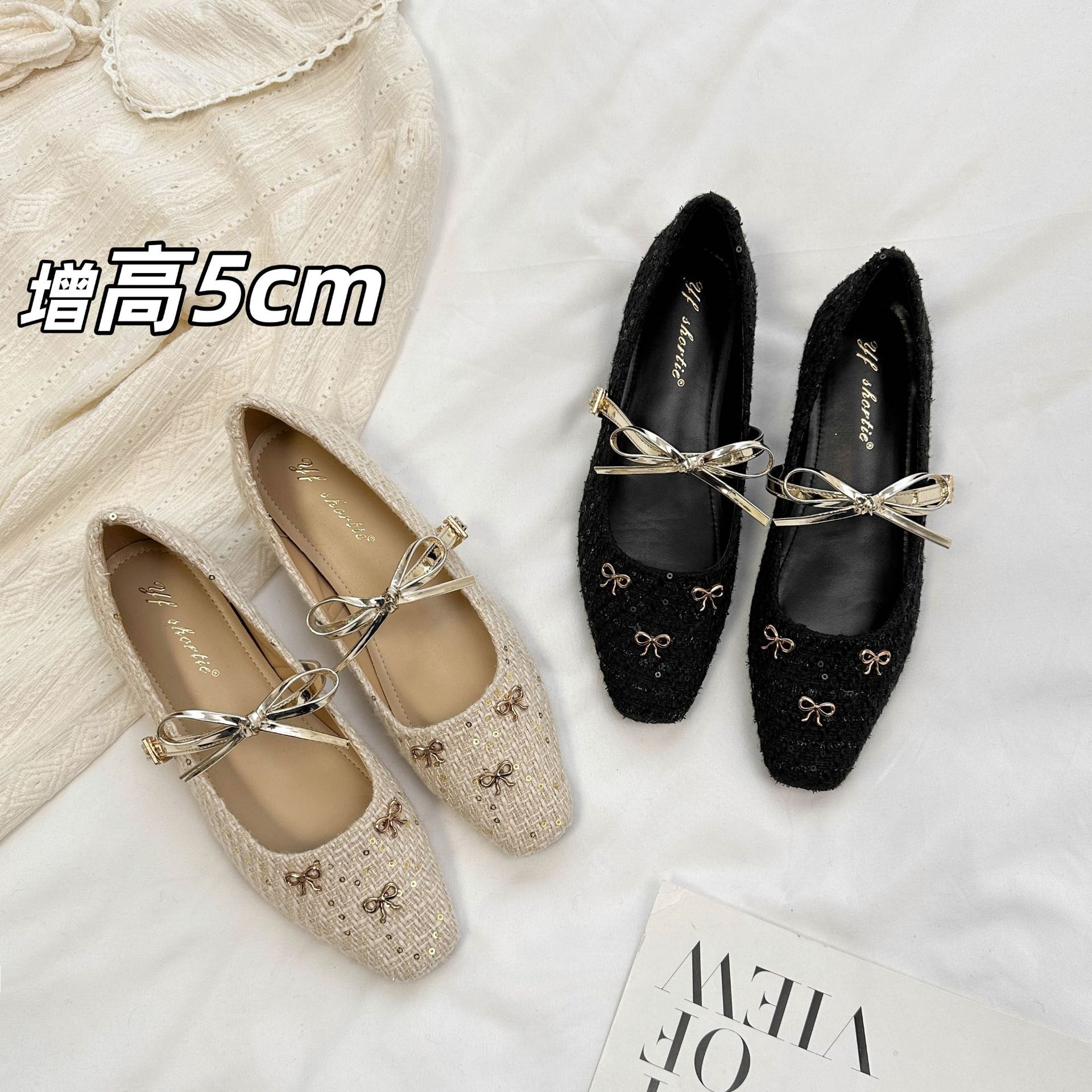 5cm Height-Increasing Bowknot Single-Strap Soft-Soled Women's Shoes 2026 New Model High-End Woven Square-Toe Mary Jane Shoes