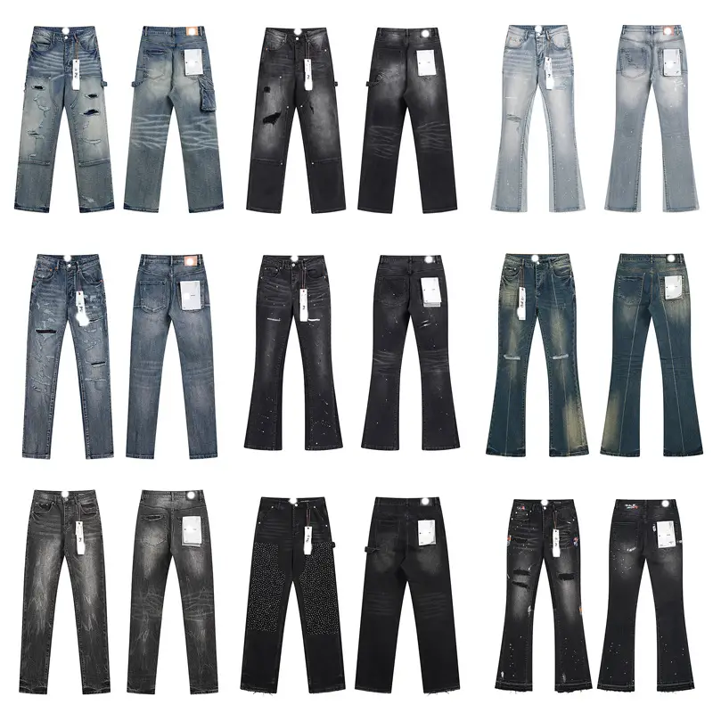 Cross-Border J Pur Distressed Ripped Stretch Denim Wide-Leg Straight Pants American High Street Style Micro-Flared Pants