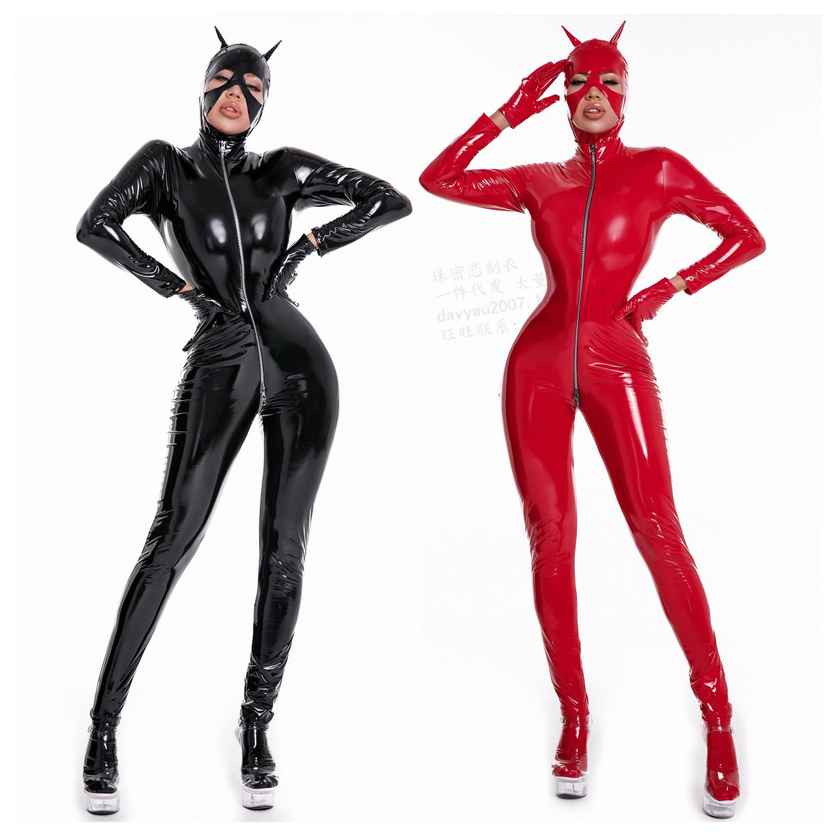 2025 Underwear Women's Nightclub Cat Girl Shiny Jumpsuit Patent Leather Mirror Pu Leather Zipper Crotch Leather Jacket