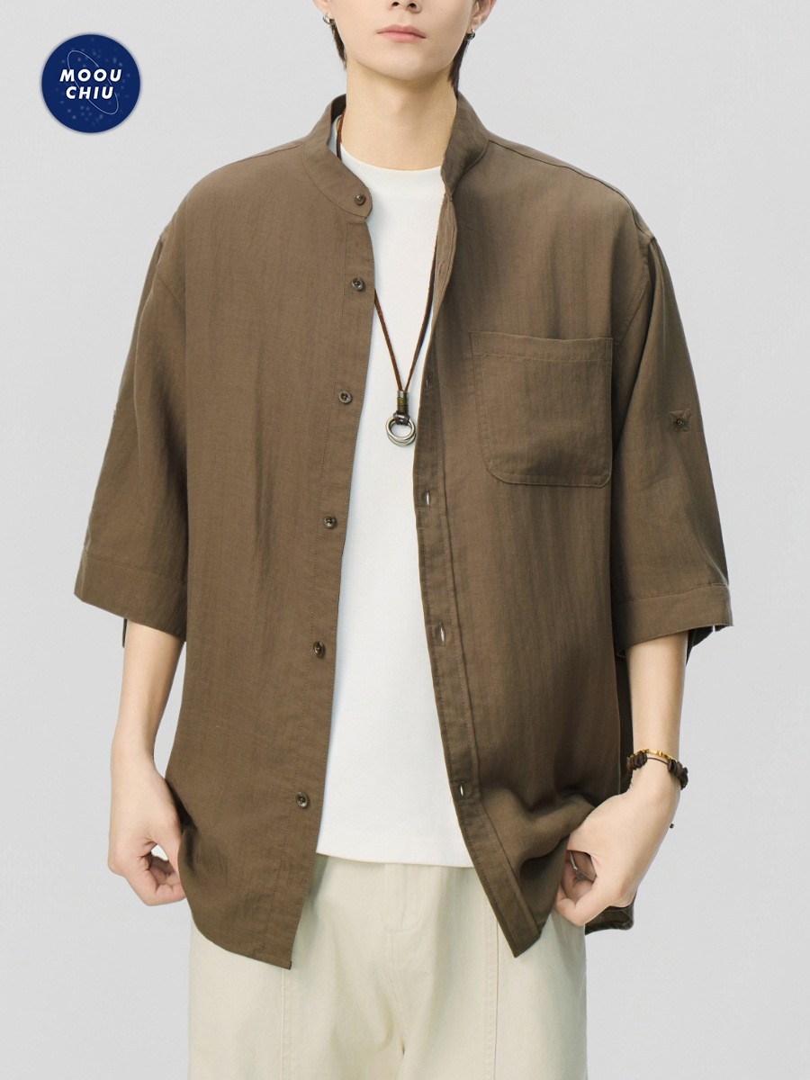 Muqiu Men's Wear | Summer Thin Linen Lyocell Stand Collar Three-Quarter Sleeve Shirt Men's Japanese Style Loose Short Sleeve Shirt