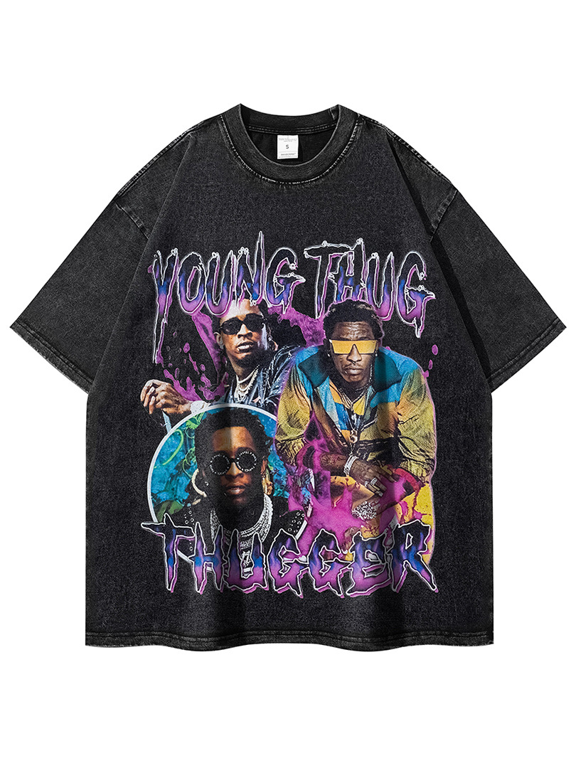 European and American High Street Youngthug Printed Washed Distressed Short-Sleeved T-Shirt for Men and Women Hip-Hop Rap Trendy Brand Loose Half-Sleeve