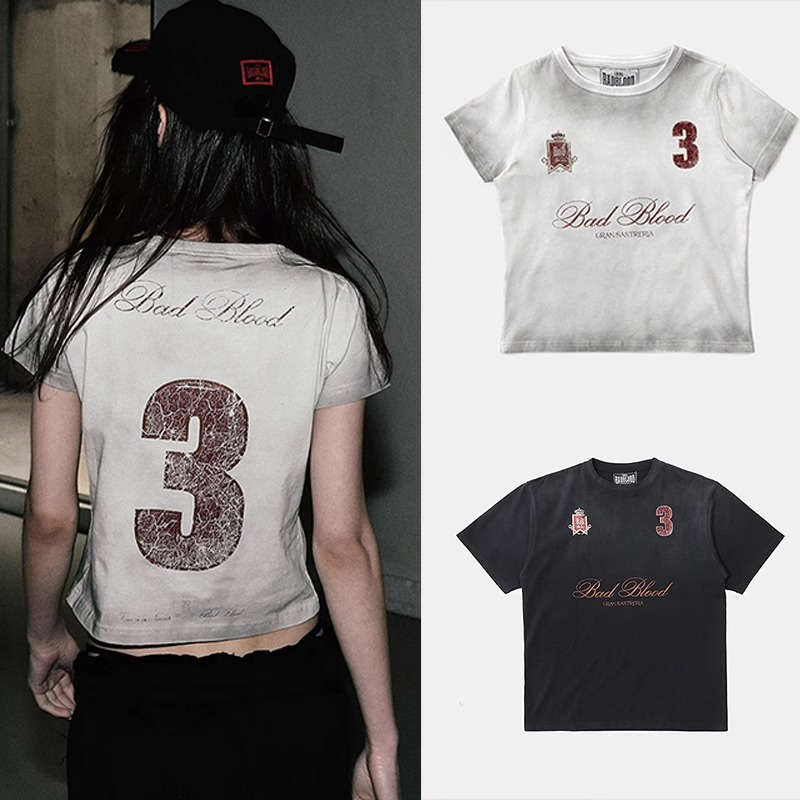 Korean Badblood Bcac Series Washed Retro Short-Sleeved T-Shirt Women's Niche Design Round Neck Top Trendy