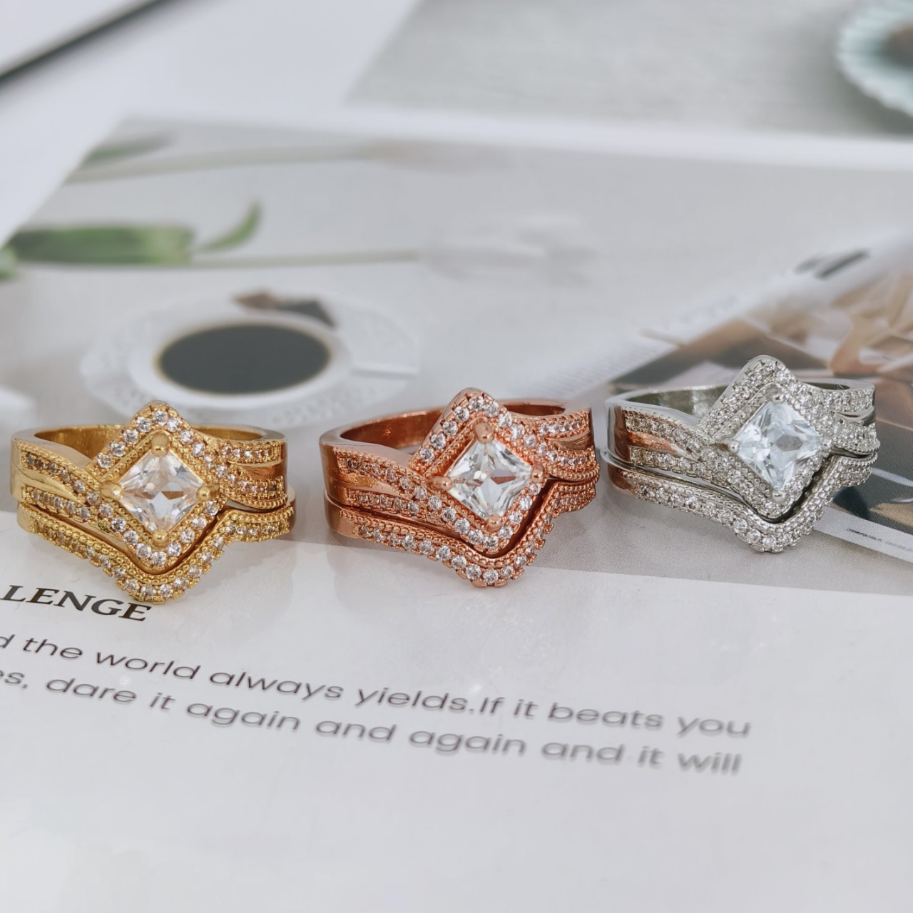 Cross-Border Foreign Trade Micro-Paved Zircon Square Princess Set Ring for Women European and American Combination Stacking Engagement Wedding Props Ring
