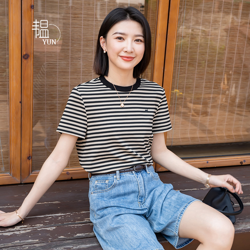 Premium Yun Striped T-Shirt for Women 2026 Round Neck Short Sleeve Loose Casual Ins Style Pullover Top