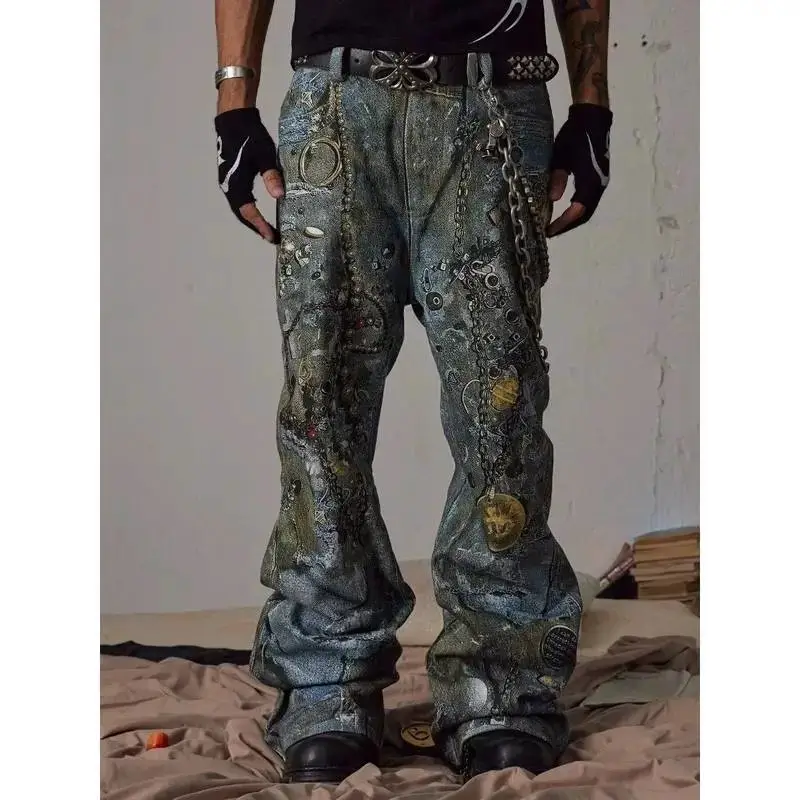 美式嘻哈数码印花重工破坏珠宝链条牛仔裤