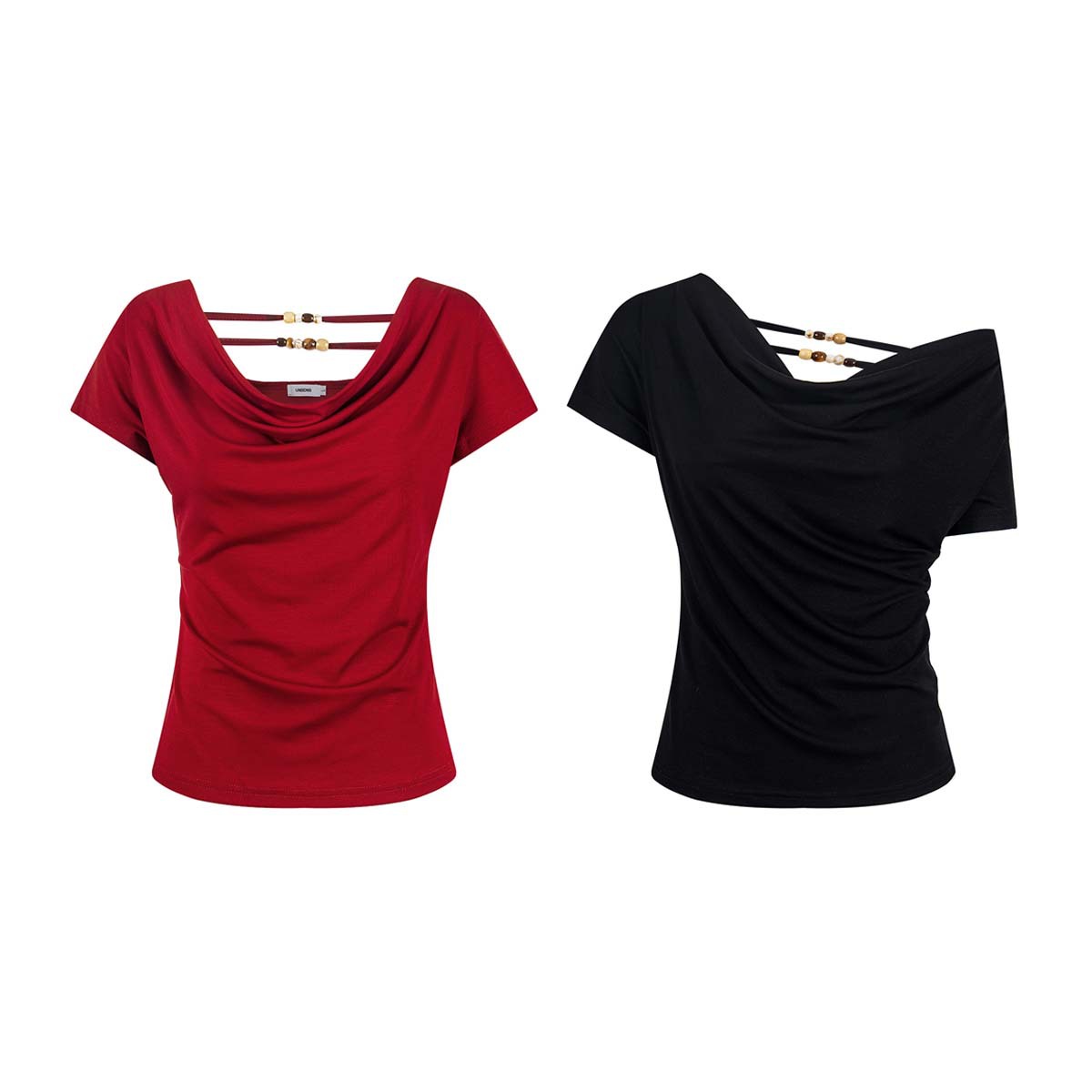 Unbdns Retro Red Draped Collar Top for Women, Summer Slim-Fit Waist-Cinching Design, Asymmetrical Collar Short-Sleeve T-Shirt Trendy