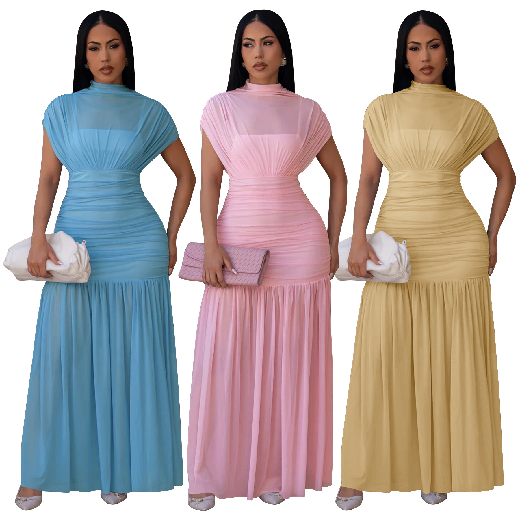 11022 Amazon European and American Women's Clothing Supply Source: New Solid Color Sleeveless Sexy Hollow-Out Mesh Waist-Cinching Long Dress