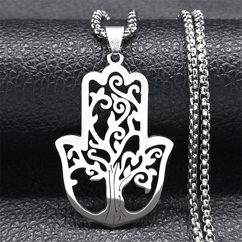 Cross-border retro European and American Fatima hand pendant stainless steel lucky Egyptian Hamsa Greek eye necklace jewelry