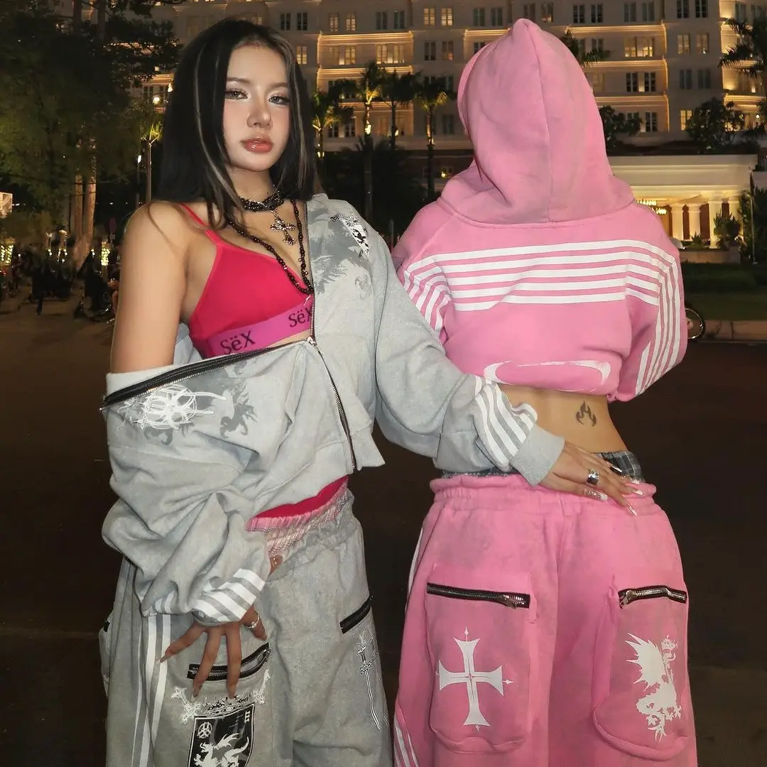Cross-border 2025 spring and fall in Europe and the United States street striped printed hooded sweater Spice Girls double waist head sports wide leg pants suit