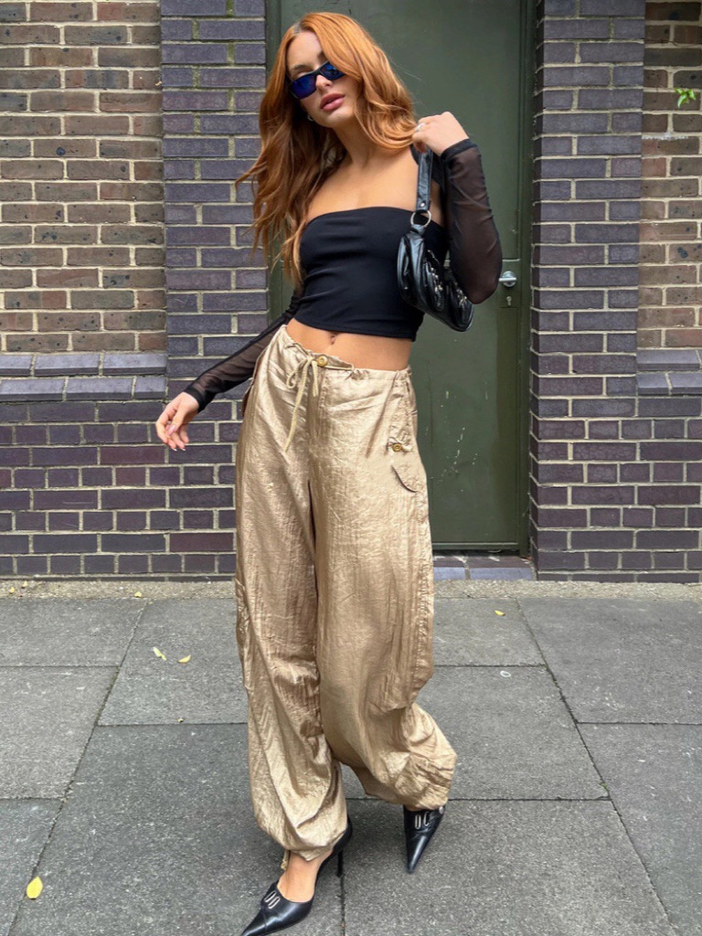 Summer New Style Loose Slimming Look Drawstring Loose Glossy Cool Parachute Pants Glossy Cargo Pants for Women 3217
