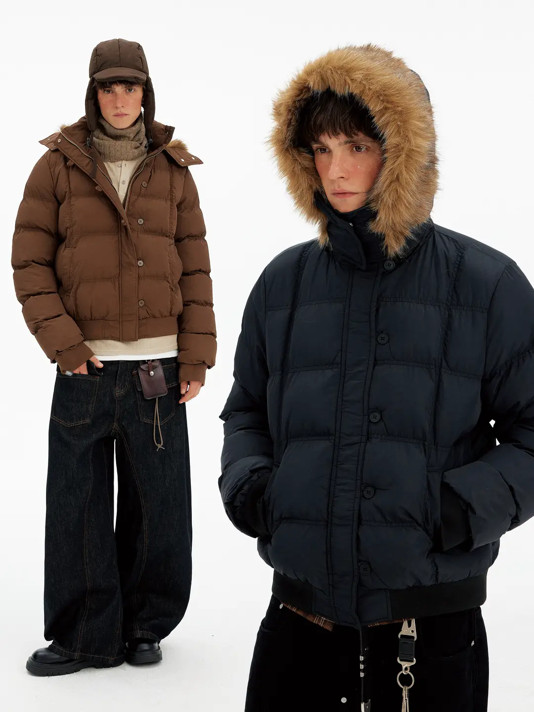 Madwitch Winter American-Style Hooded Fur Collar Ribbed Bread Coat for Men and Women, Loose Casual High-End Warm Cotton Coat