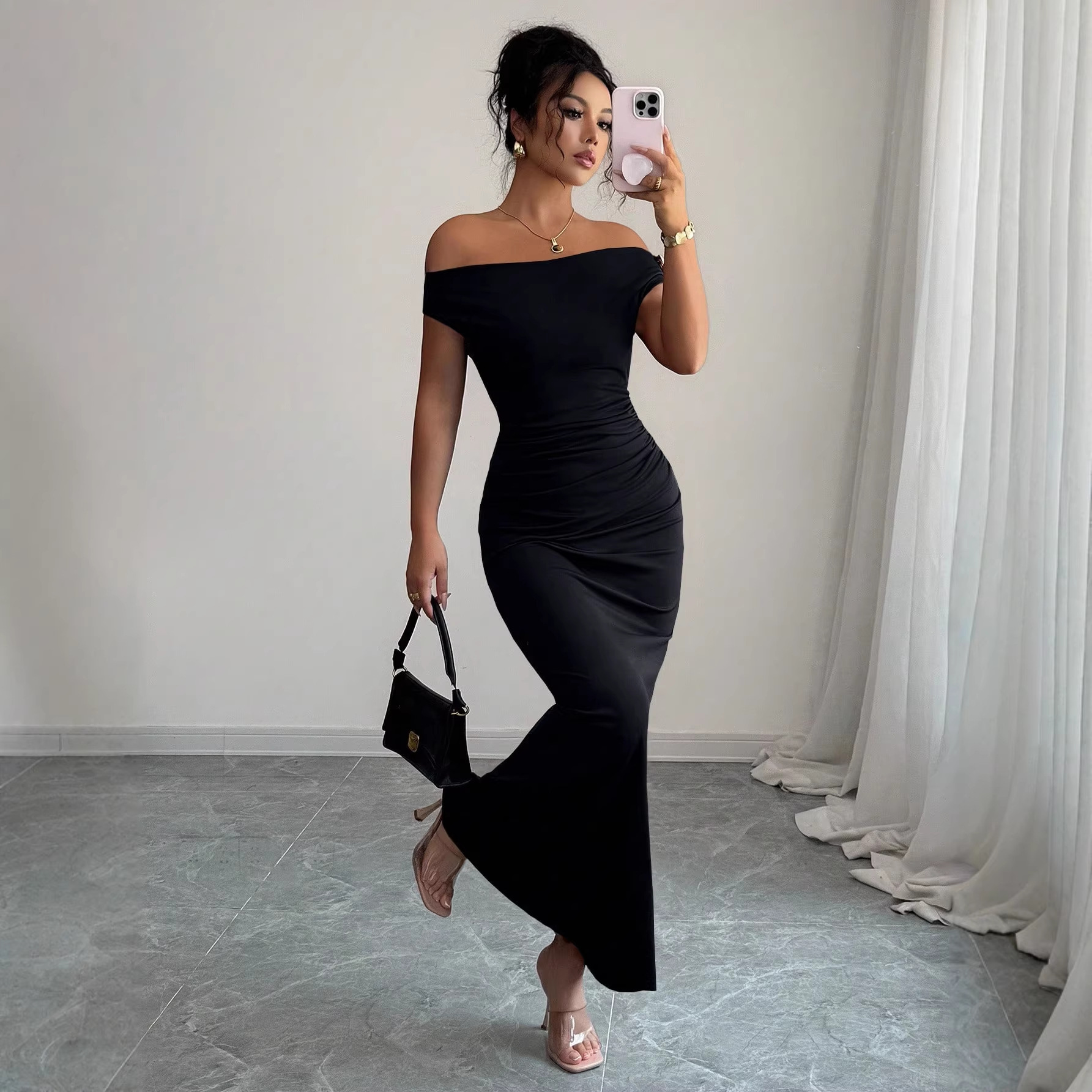 2026 Spring/Summer New Style Elegant Off-Shoulder Off-Neck Dress European and American Cross-Border Sexy and Graceful Long Dress Women's Clothing