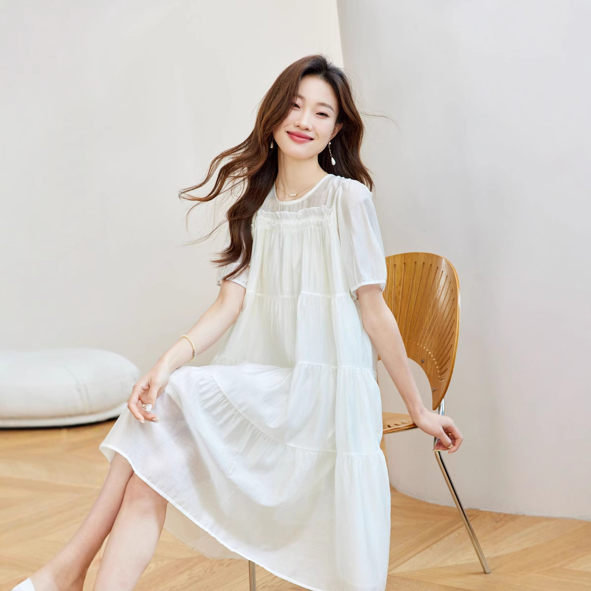 White Chiffon Short-sleeved dress Women's Summer 2025 New Loose Belly Covering Korean Style Elegant Long Skirt Slimming