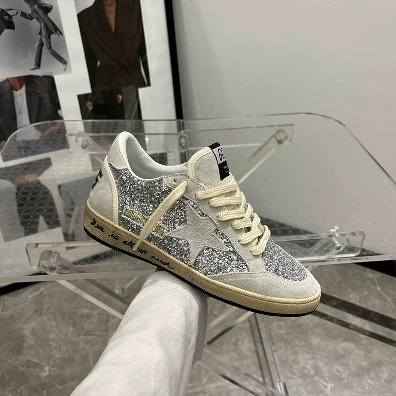 Top version classic explosive silver sequin splicing genuine leather used board shoes, star small dirty shoes for women, casual shoes for women, white shoes for women
