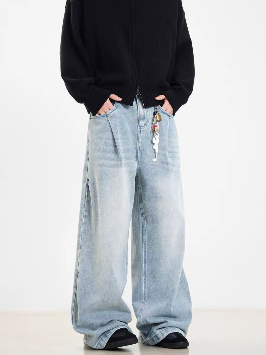American Style Retro Side Double Oblique Pleated Washed Blue Jeans Men's and Women's Loose Straight Wide Leg Casual Long Trendy Pants