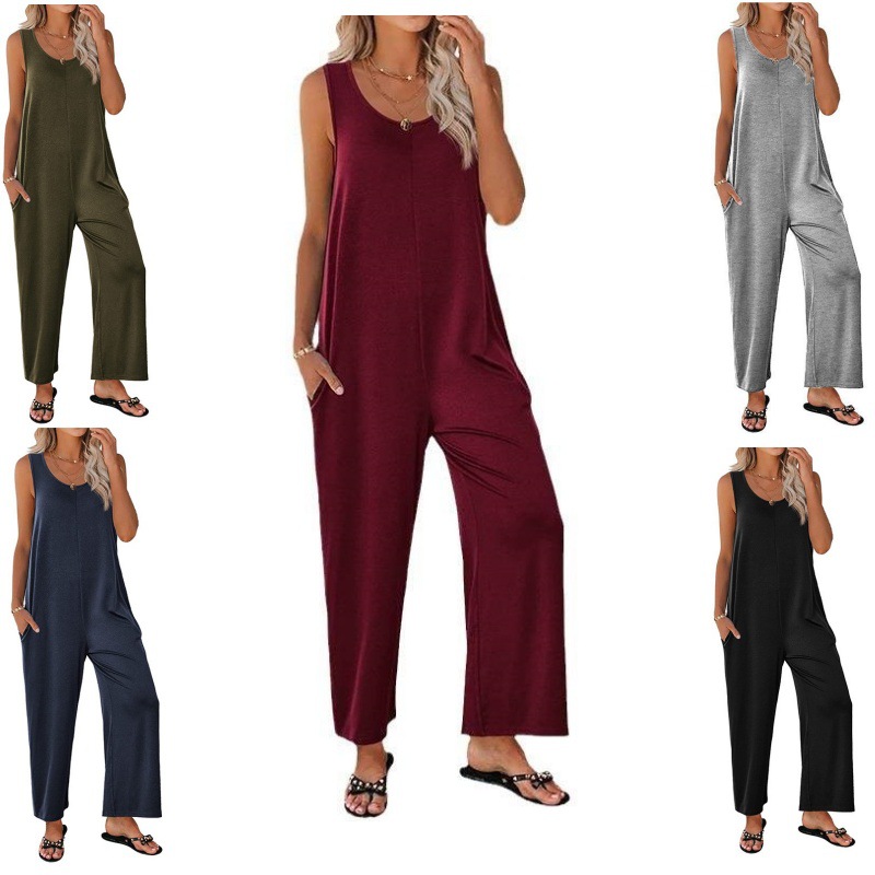2024 Amazon Foreign Trade Cross-Border European and American Summer Women's Suspenders Loose Straight Solid Color Wide Leg Jumpsuit Overalls