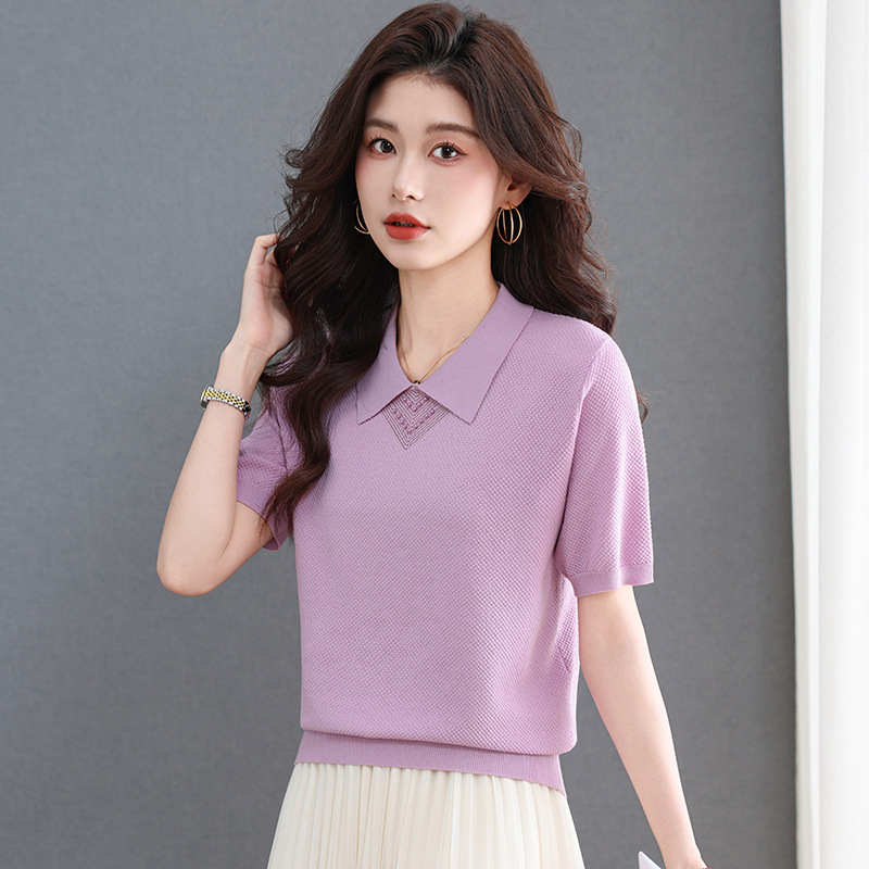Lyocell Ice Silk Short-Sleeve T-Shirt for Women, 2026 New Style, Beaded Summer Wear, Doll Collar, Thin Knit T-Shirt