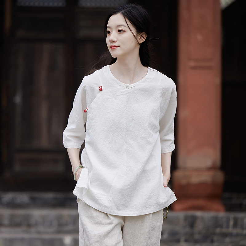 26 Summer New Cotton and Linen Women's Clothing Chinese Retro Round Neck Side-Buttoned Top Thin T-Shirt Zen Style Tea Wear Shirt