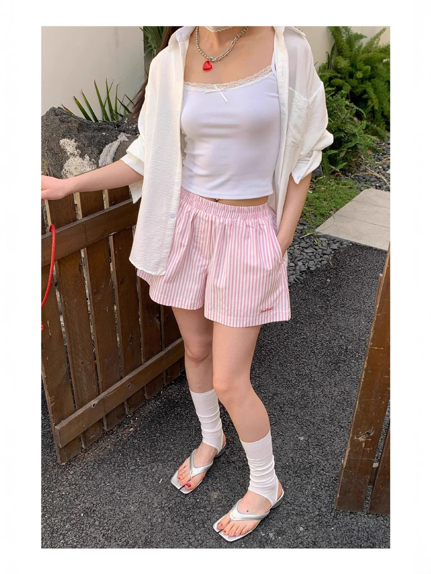 55 Cotton Striped Shorts for Women, Summer High-Waisted Slimming Versatile Wide-Leg Sports Hot Pants, Trendy Elastic Waist Loose Casual