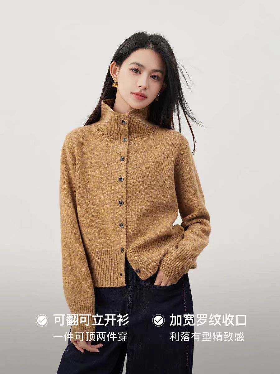 Retro Relaxed ~ 100 Wool Idea Yarn Half Turtleneck Knitted Cardigan Short Sweater for Women