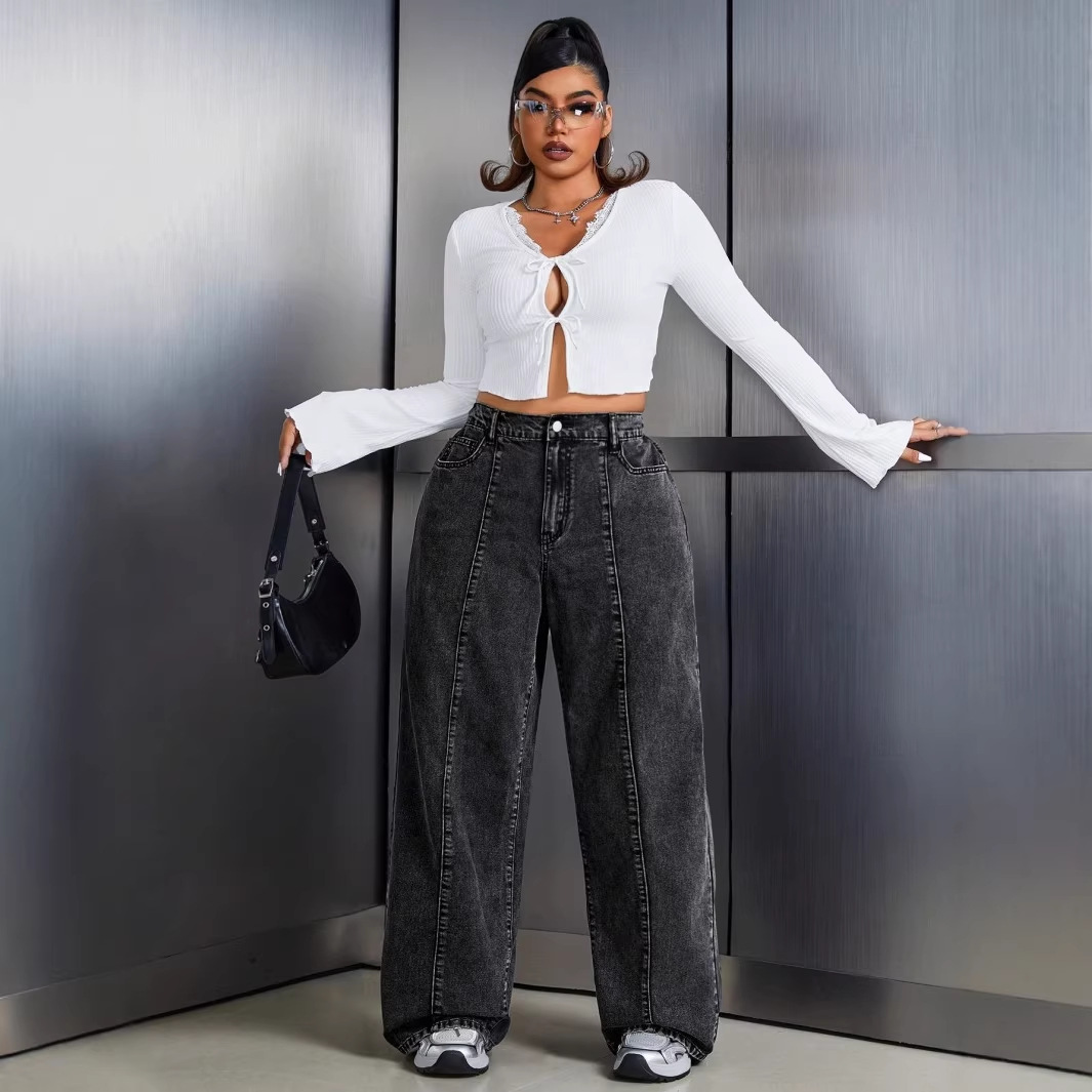 2026 European and American Plus-Size Vintage-Style Curved Jeans High-Waisted Loose Wide-Leg Pants Large Size Floor-Length Pants Exclusively for Cross-Border Sales