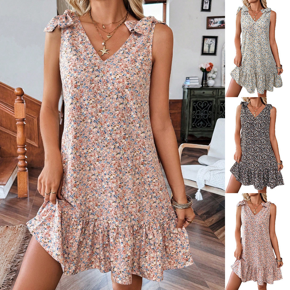 2026 Amazon Spring/Summer New Tk Cross-Border European and American Women's Fashion V-Neck Bow Floral Vest Dress