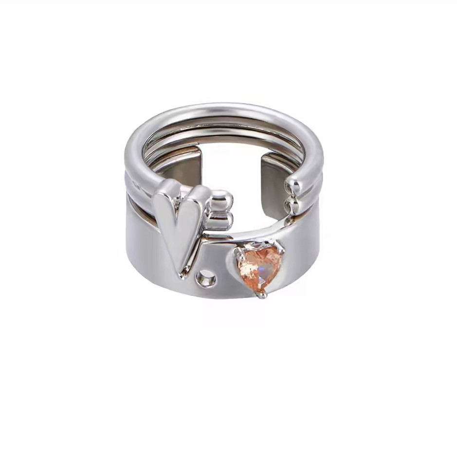 Zhang Linghe's Same Style Heart-Shaped Adjustable Niche Design Champagne-Colored Rhinestone Ring Couple's Matching Rings