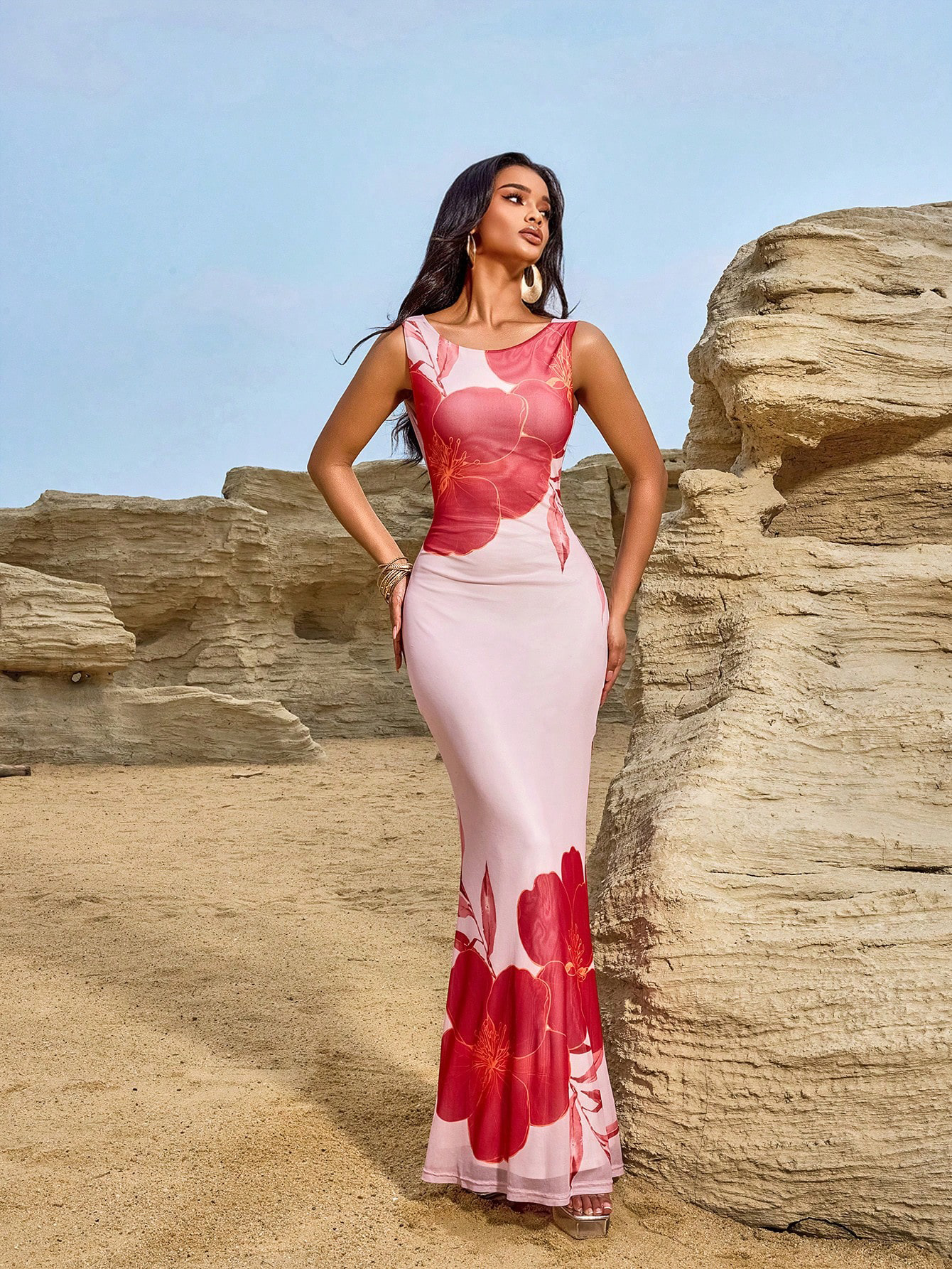 European and American Cross-Border Women's Elegant Floral Print Backless Halterneck A-Line Long Skirt Slim Dress for Women
