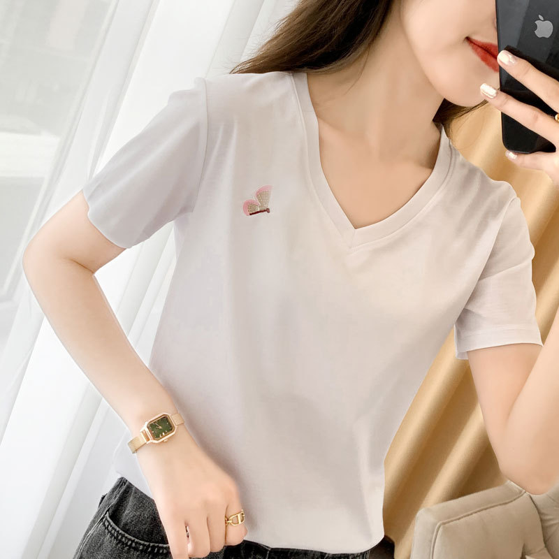White Right Shoulder Short-Sleeved T-Shirt for Women 2023 Summer New Style Foreign Style Printed Loose Large Size Slim V Neck T-Shirt Top