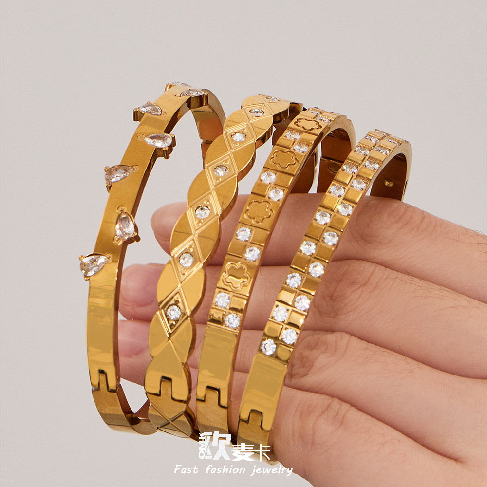 Light Luxury Fashion Design Geometric Water Drop Zircon Bracelet Stainless Steel 18K Gold Plated Bracelet Cross-Border Fashion Jewelry