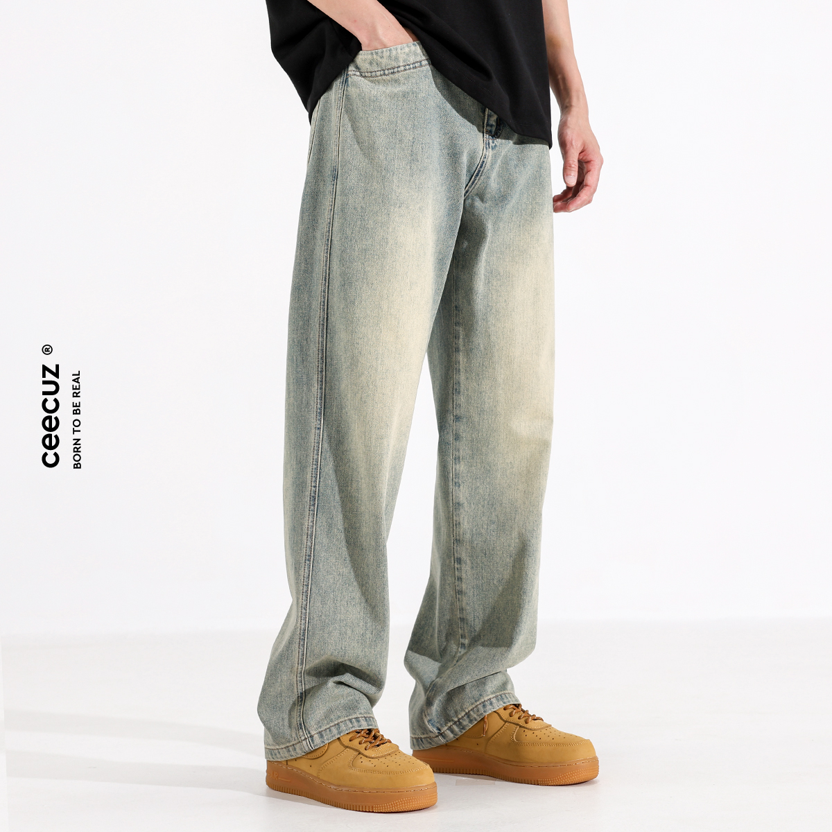 Ceecuz American Style cleanfit Yellow Mud Dye Straight Jeans Men's Spring and Autumn Old Washed Casual Long Pants