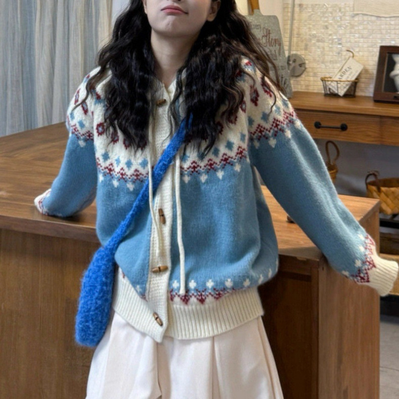 Kaning Fair Isle Hooded Knitted Cardigan 2026 Autumn and Winter New Korean Style Retro Age-Reducing Sweater Jacket for Women
