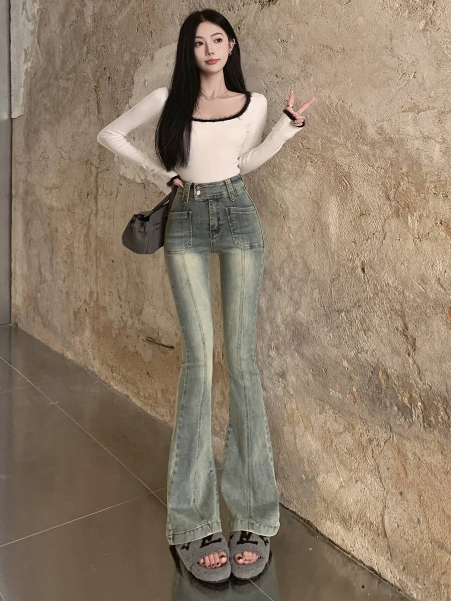 Retro hot girl high waist skinny jeans Women's Spring and Autumn New Hong Kong style casual slim stretch flared pants trendy