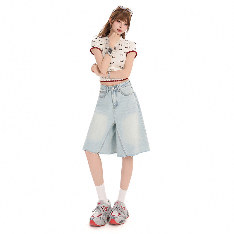 Likes 1287 # [Same Style as Shan Yichun] American-Style Denim Cropped Pants for Women, Summer Washed Vintage Casual Pants, Light Wash.
