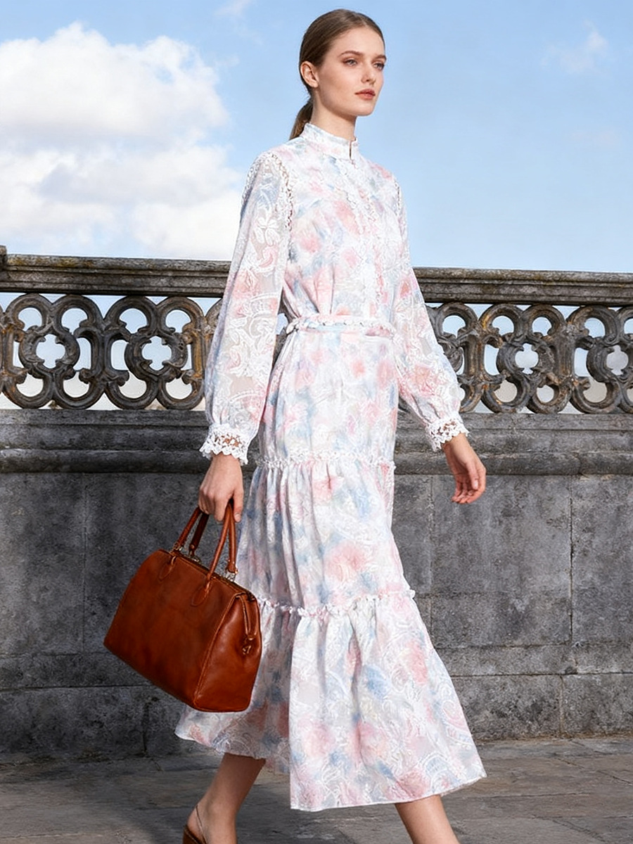 2026 Summer New Style Fresh Fairy Long Dress with Vintage Floral Print, Waist-Cinching Stand Collar, and Large Hem Skirt Set for Women