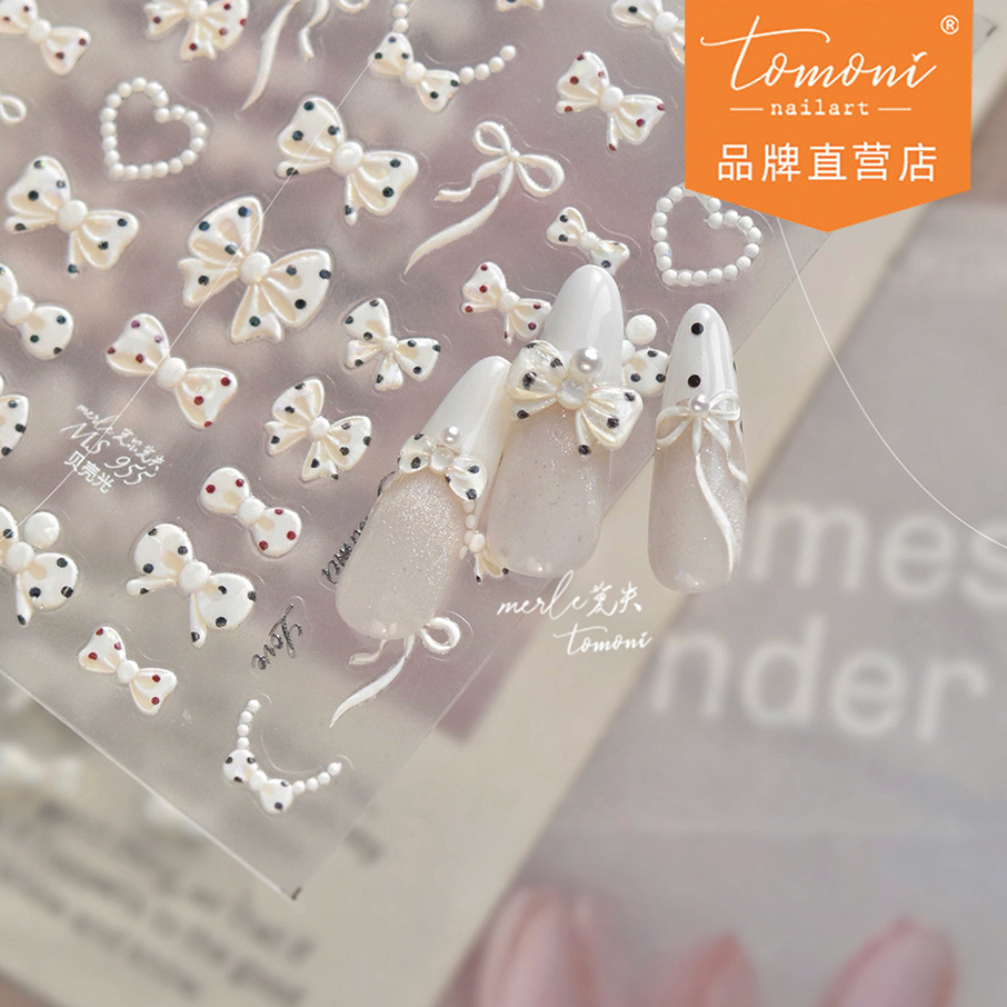 Tomoni&Mo Shell-Like Glossy Nail Stickers, Fresh and Modern Minimalist Nail Decals, Full-Cover Bowknot Design