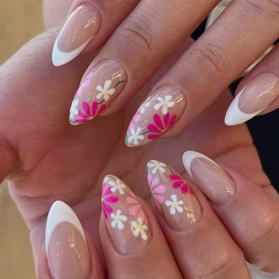 Medium-Sized Glossy Water Drop Nails, European and American Cross-Border Foreign Trade Spring Style, White French Style with Contrasting Flowers, Sweet Wearable Nails, 24 Pieces