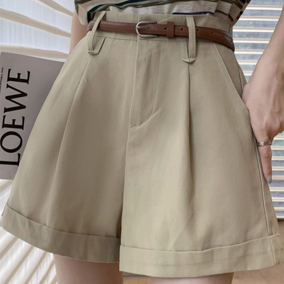 Summer cotton shorts women's new cropped pants loose slimming curling wide leg suit pants casual commuter straight pants