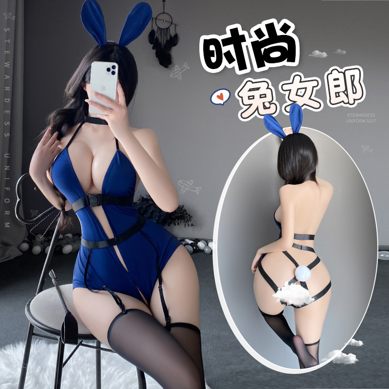 Manyan Sexy Lingerie Sexy Deep V Halter Cut Out Fashion Bunny Girl Tight Open Jumpsuit Uniform 8903