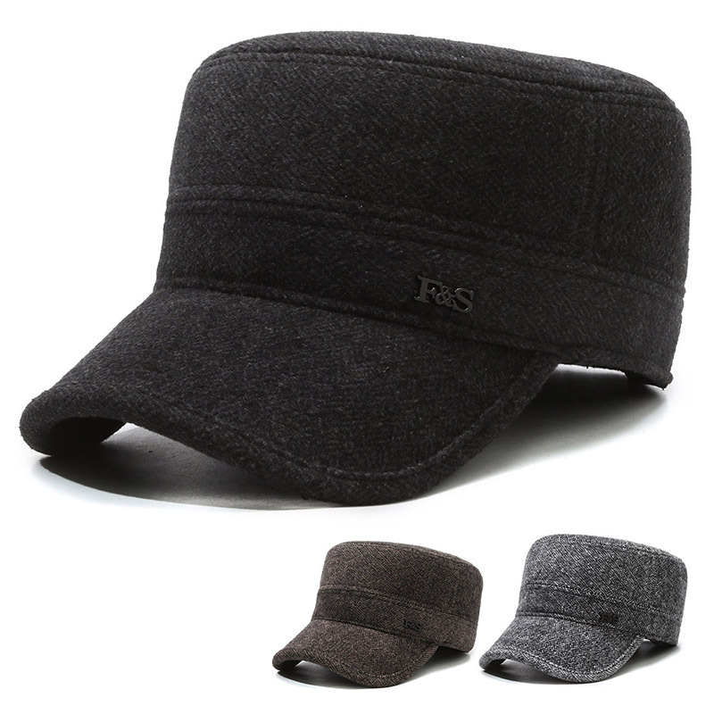 Middle-aged and elderly men's autumn and winter hats outdoor warm cold-proof woolen hat flat-top hat fleece-lined ear protection cap winter