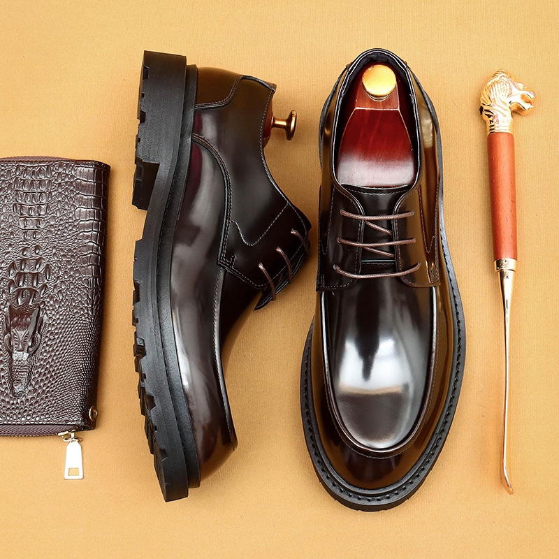 [Free Shipping] British Style Casual Leather Shoes for Men, Business Formal Genuine Leather Derby Shoes with Glossy Finish and Thick Soles