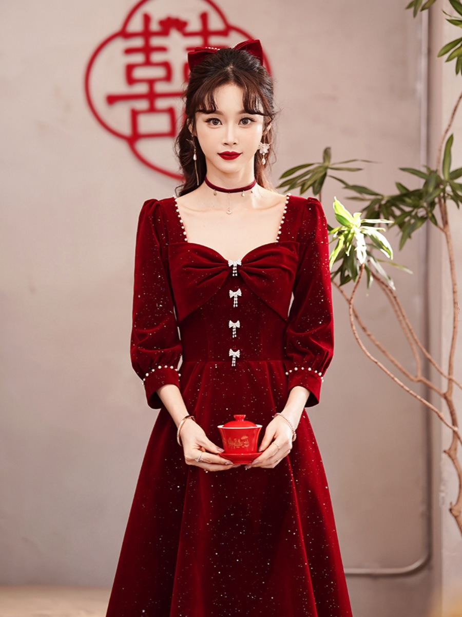 Toast Dress Bride Red Dress Women's High-end Skirt Small Engagement Dress Long-sleeved Can Be Worn at Ordinary Times
