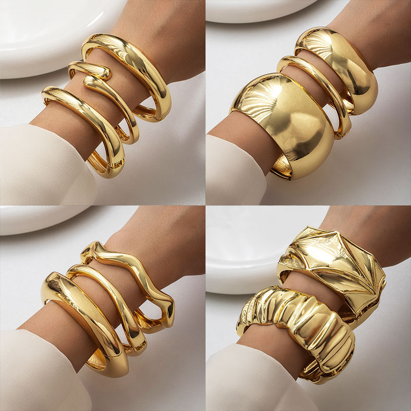 European and American Cross-Border Exaggerated Ins Heavy-Duty Design Metal Glossy Open Bracelet Normcore Geometric Stylish Wide Bracelet